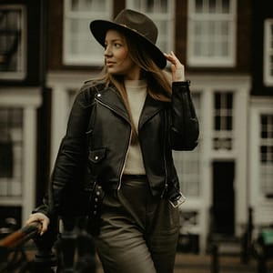 Beautiful female with long hair looking away while standing with hand on hat near metal railing and facade of building on blurred background